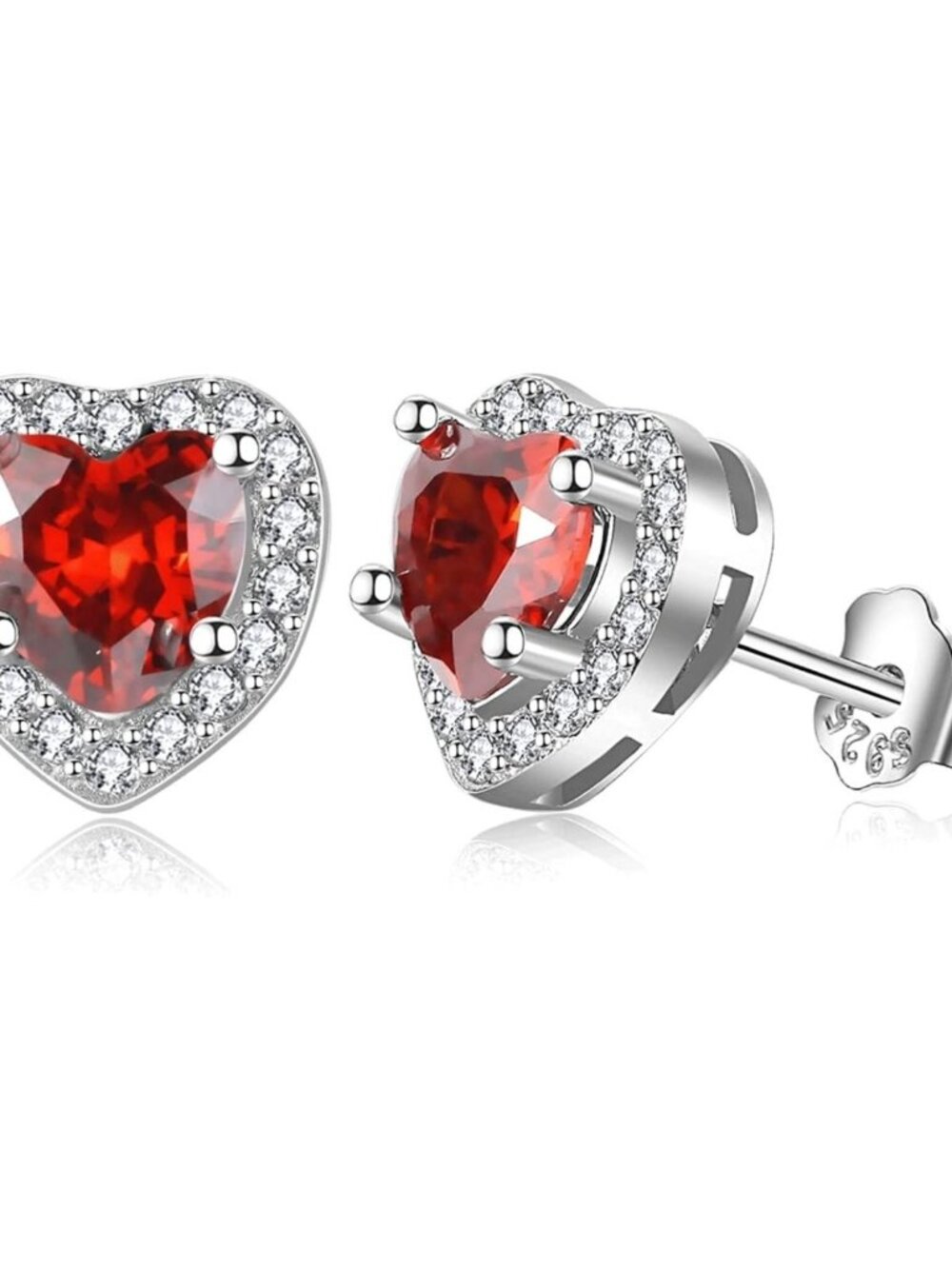 Red CZ Halo Heart Stud Earrings Sterling Silver Hypoallergenic